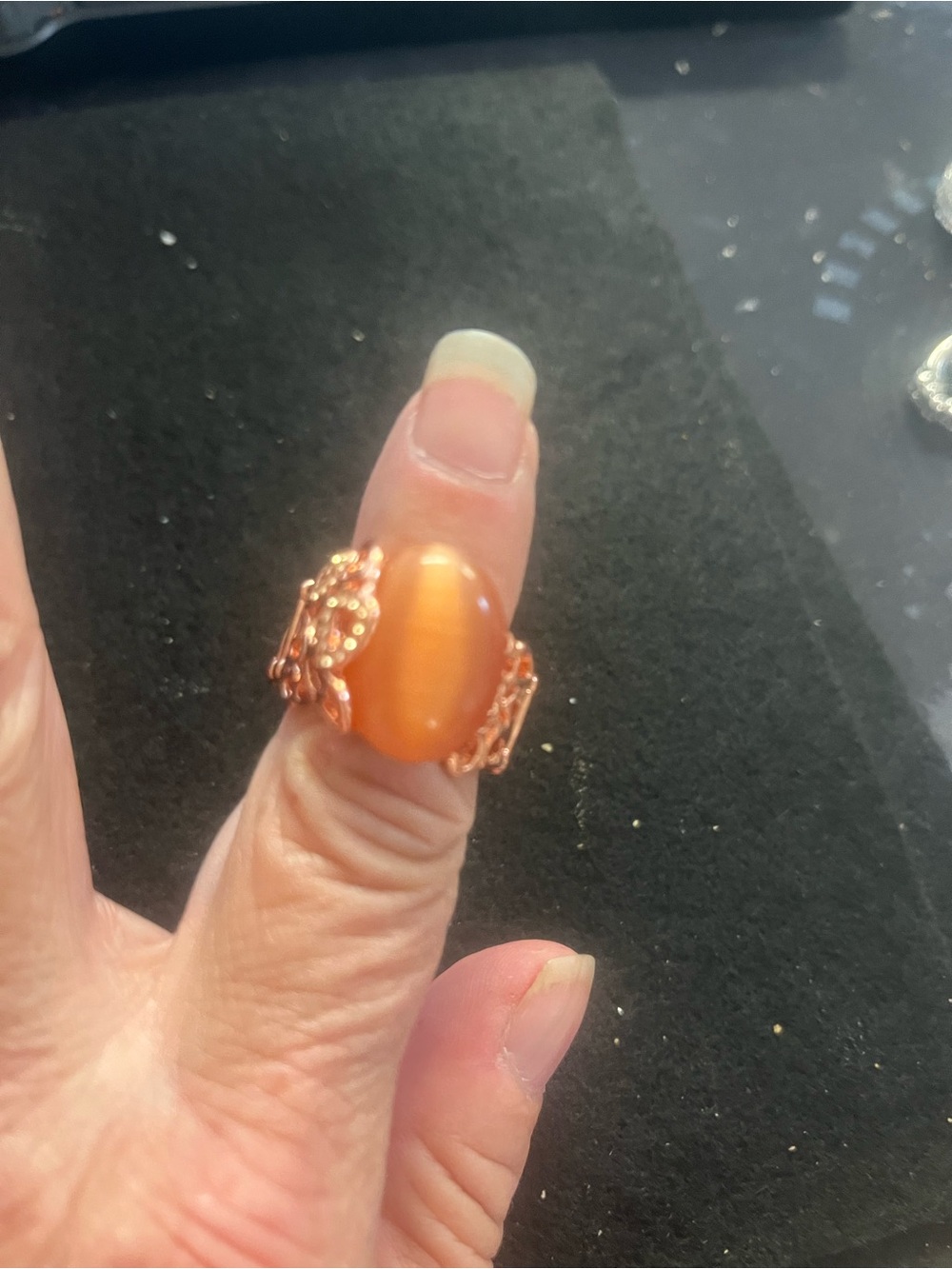 Elegant Rose Gold Orange Cat's Eye Statement Ring stretch